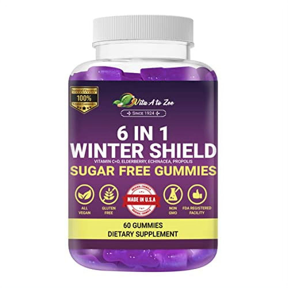 Vita a to Zee 6 in 1 Winter Shield Sugar-Free Gummies | Vitamin C + D, Zinc, Elderberry, Echinacea, Propolis | Support Immunity, Digestive & Respiratory System | Gluten Free, GMO Free, 60 Gummies