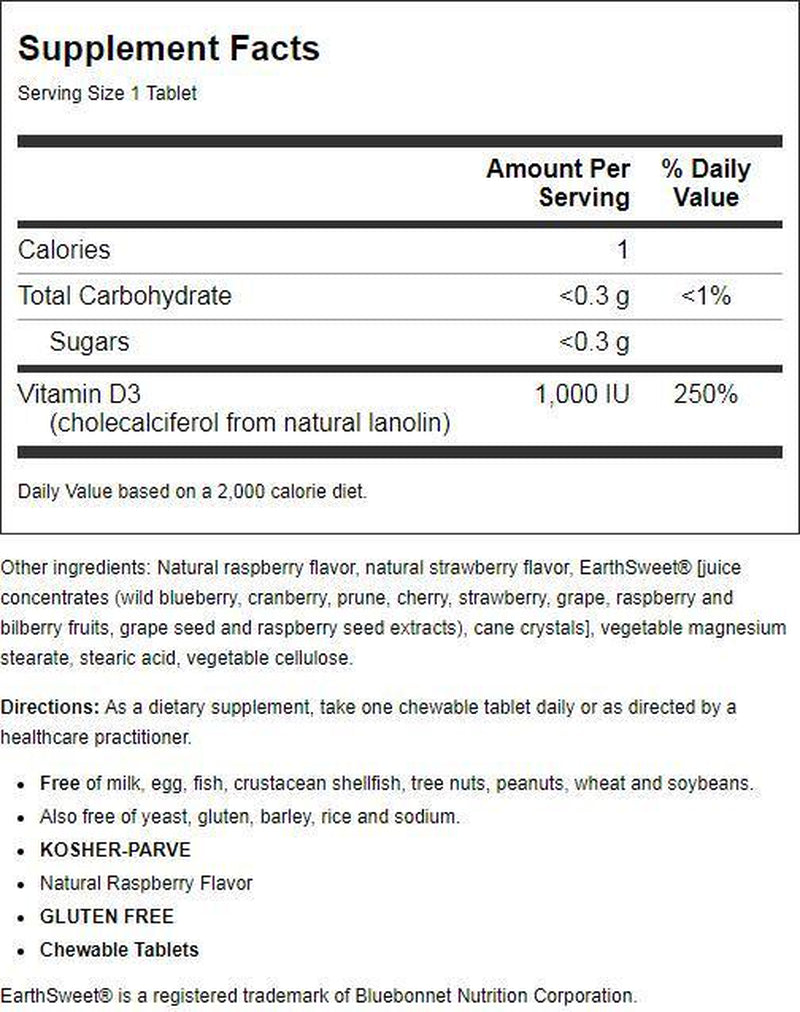 Bluebonnet Earthsweet Chewables Vitamin D3 25 Mcg (1000 IU) Raspberry 90 Tablets