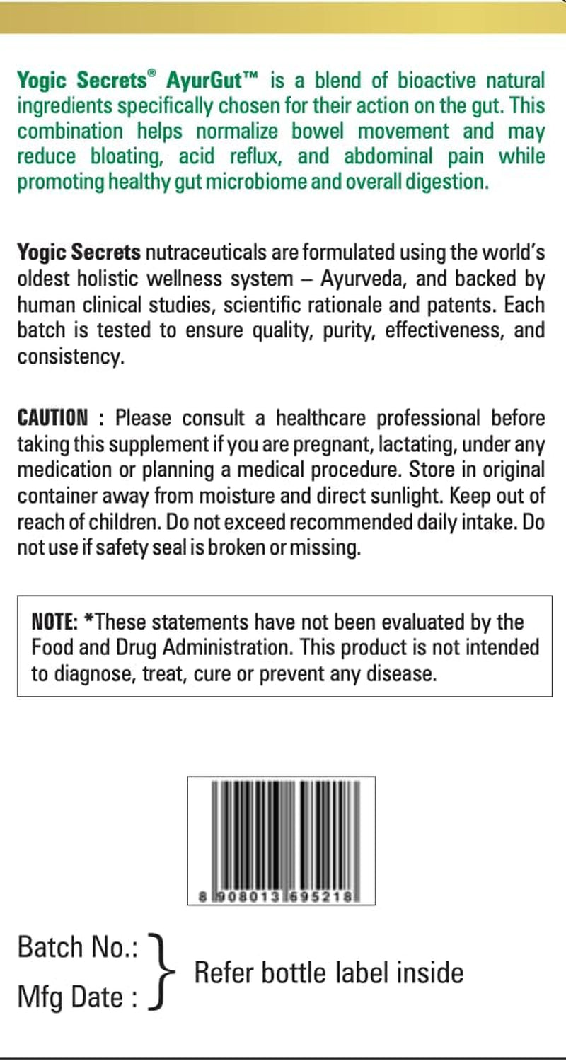 Yogic Secrets Ayurgut Clinically Proven Patented Formula for Digestive Health and Gut Health , 400Mg, Vegan Formulation - 60 Ct