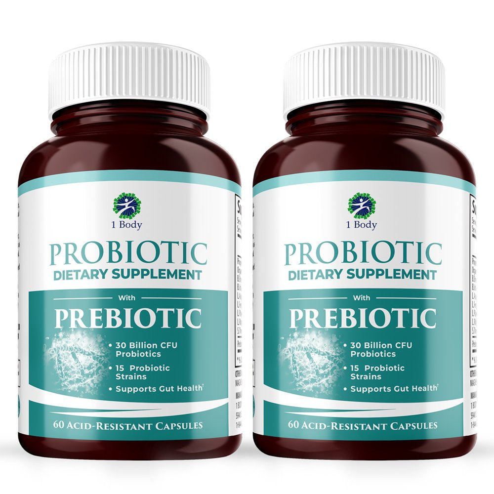 (2 Bottles) 1 Body Probiotic 30 Billion CFU Supplement with Prebiotics with 120 Acid Resistant Vegan Capsules to Promote Gut Health & Support Immune System for Men and Women