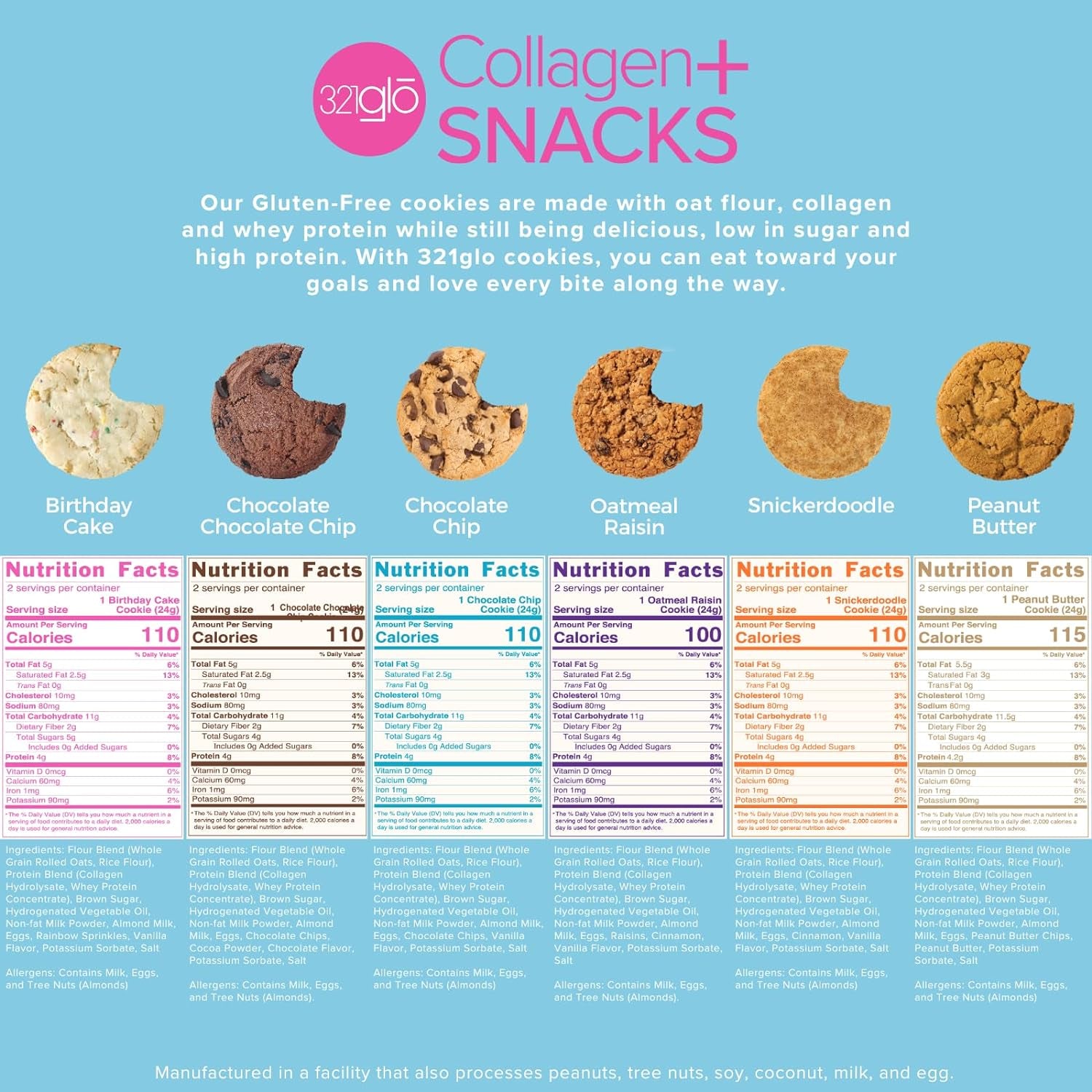 321Glo Collagen Cookies | Soft Baked, High Protein Cookies | Low Carb, Low Sugar | Keto Snack for Women, Men, & Kids | 6 Pack (Variety Pack)