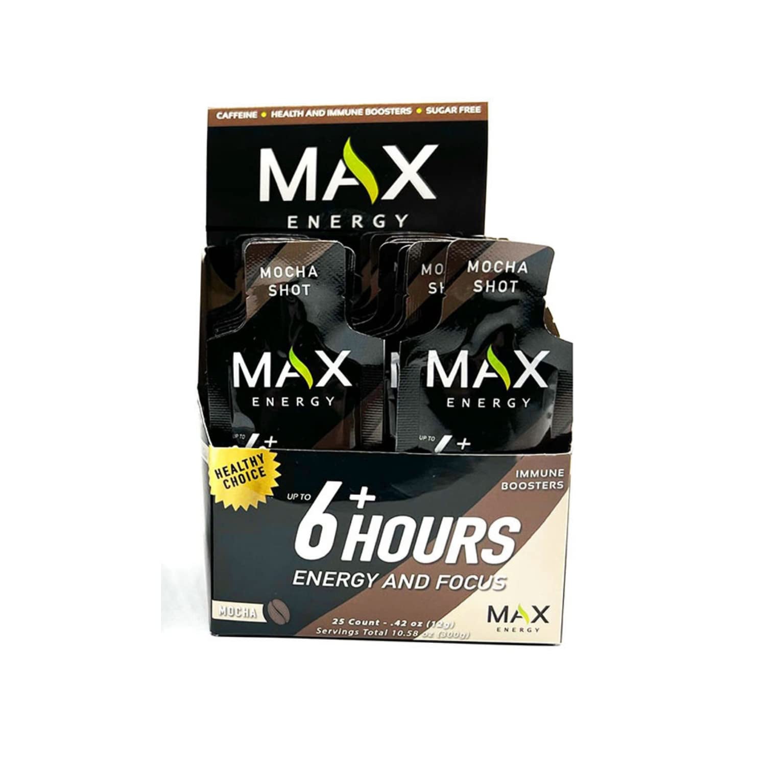 Max Energy Mocha Shot, Healthy Energy & Immune Boosters, Sugar Free, 5 Calories Each, up to 6 Hours of Energy, 25 Pack