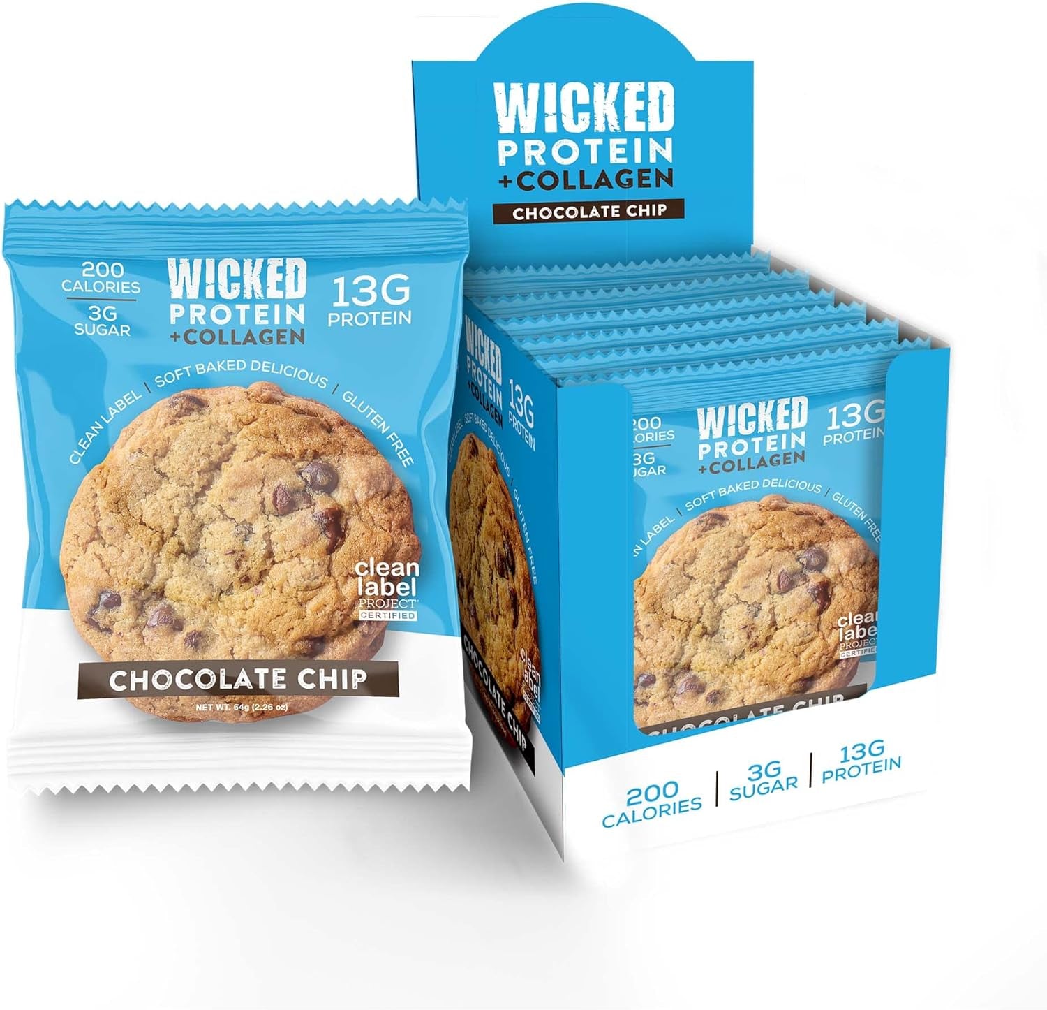 WICKED Protein Cookie, Chocolate Chip, High Protein, Low Sugar, Clean Label Project Certified, Gluten Free, Collagen, Delicious Soft Baked Protein Snack for Women and Men (Chocolate Chip, 6)