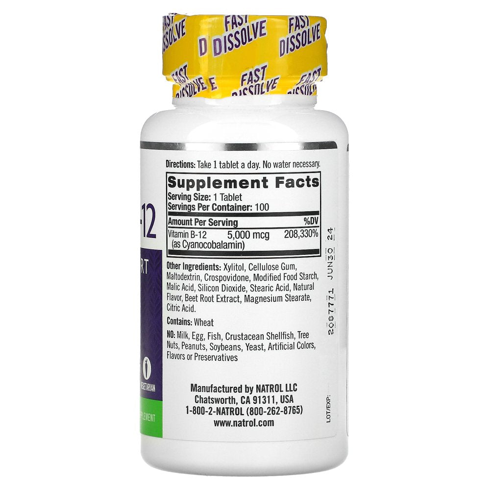 Natrol, Vitamin B-12, Fast Dissolve, Maximum Strength, Strawberry, 5,000 Mcg, 100 Tablets