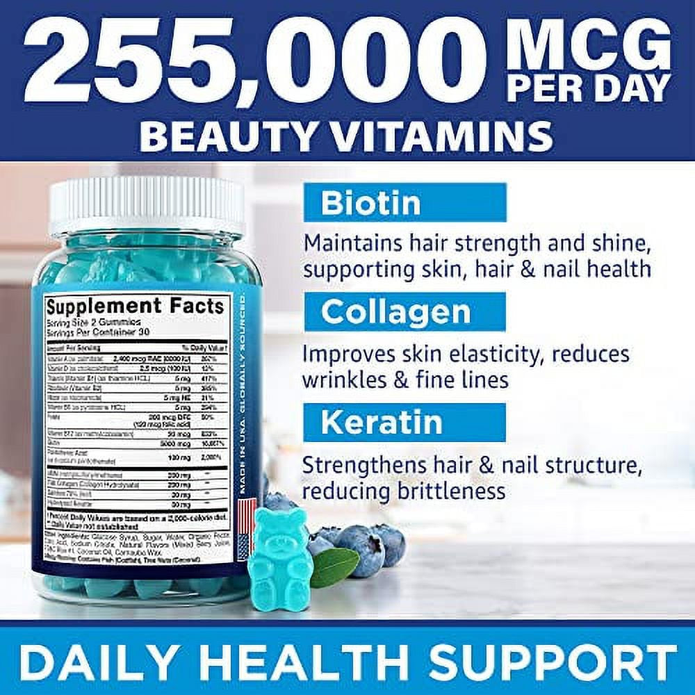 Hair Vitamins Natural Gummies - Biotin Multivitamin for Hair, Skin & Nails with Collagen & Keratin - anti Aging Collagen Gummy Vitamins for Men & Women - Hair & Nail Growth Gummies - 60Psc