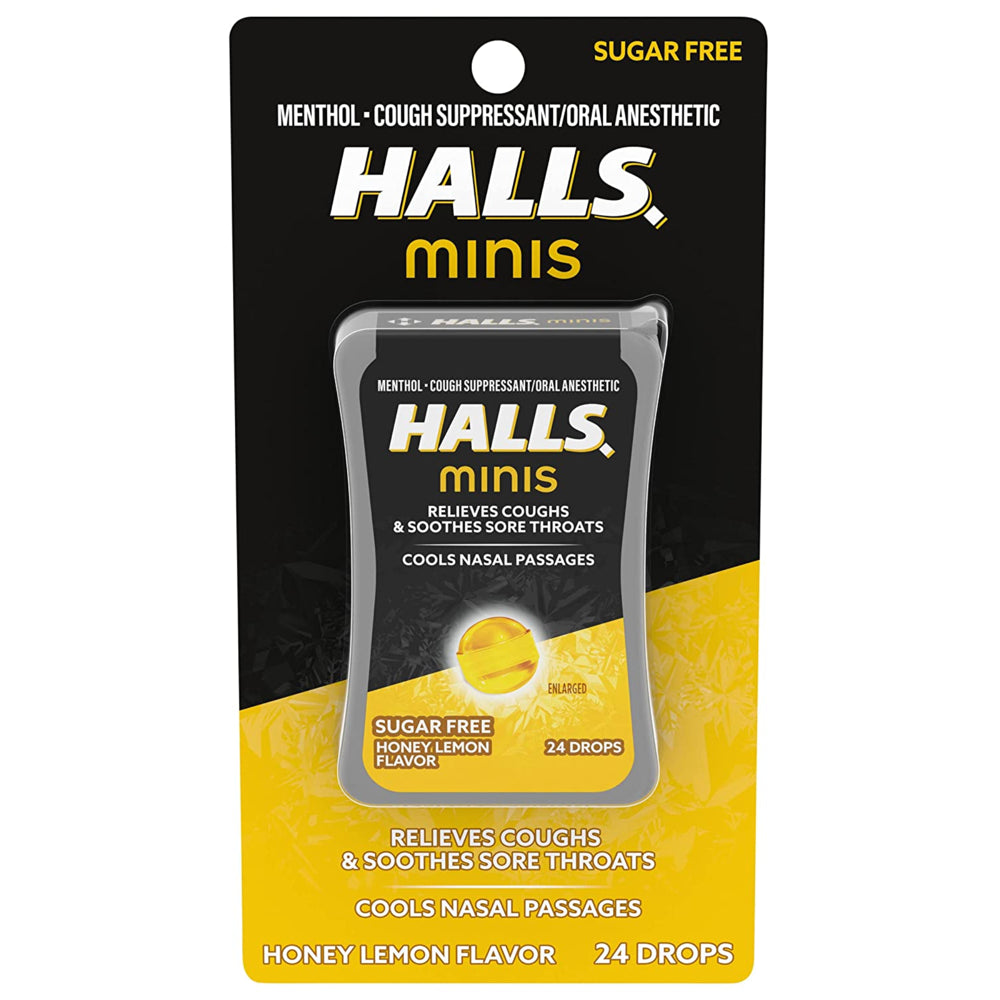 Halls Minis Honey Lemon Flavor Sugar Free Cough Drops, 24 Mini Throat Lozenges per Pack (48 Total Pieces) 2 Pack Double up and Save