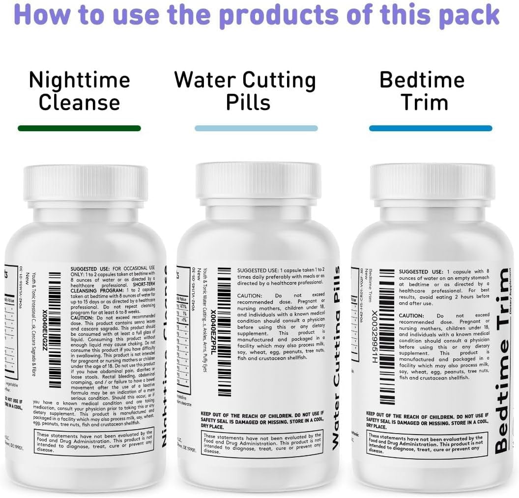 Youth & Tonic Sculpt Lean Cleanse 3 X Diet Pills W/Bedtime Trim & Water Weight Away & 15 Day Cleanser as Support for Protein Metabolism Energy Water Retention Loss & Belly Bloating for Women & Men