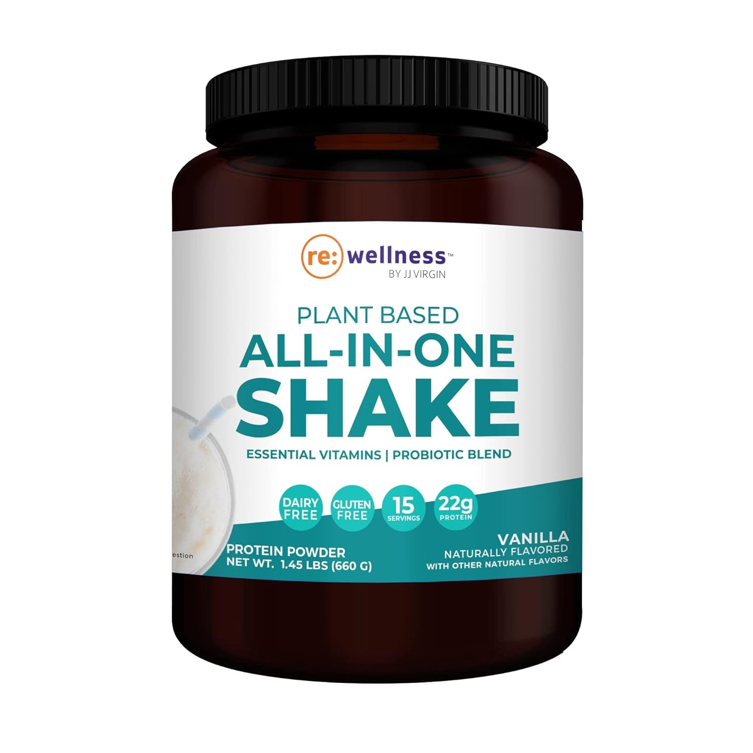 Reignite Wellness by JJ Virgin Vanilla Plant Based All in 1 Shake - Chia, Chlorella + Pea Protein Powder - Contains Essential Vitamins & Probiotic Blend to Support Immunity + Gut Health (15 Servings)