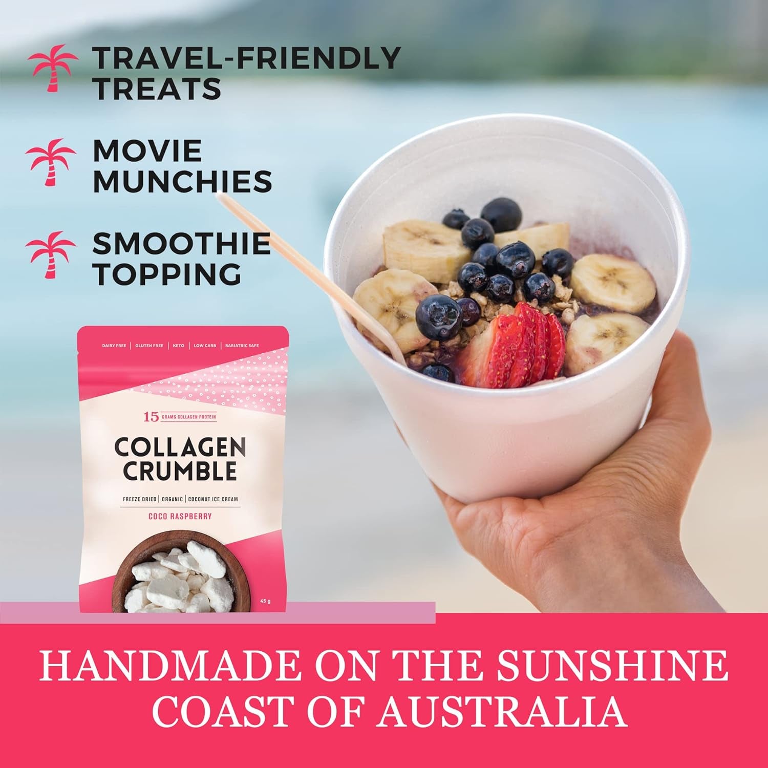 3 Broth MAKERS Collagen Crumbles, Coco Raspberry, Freeze-Dried Dairy-Free Organic Coconut Ice Cream with Hydrolyzed Protein Collagen Powder for Women and Men, Gluten-Free - Made in Australia - 1 Pack