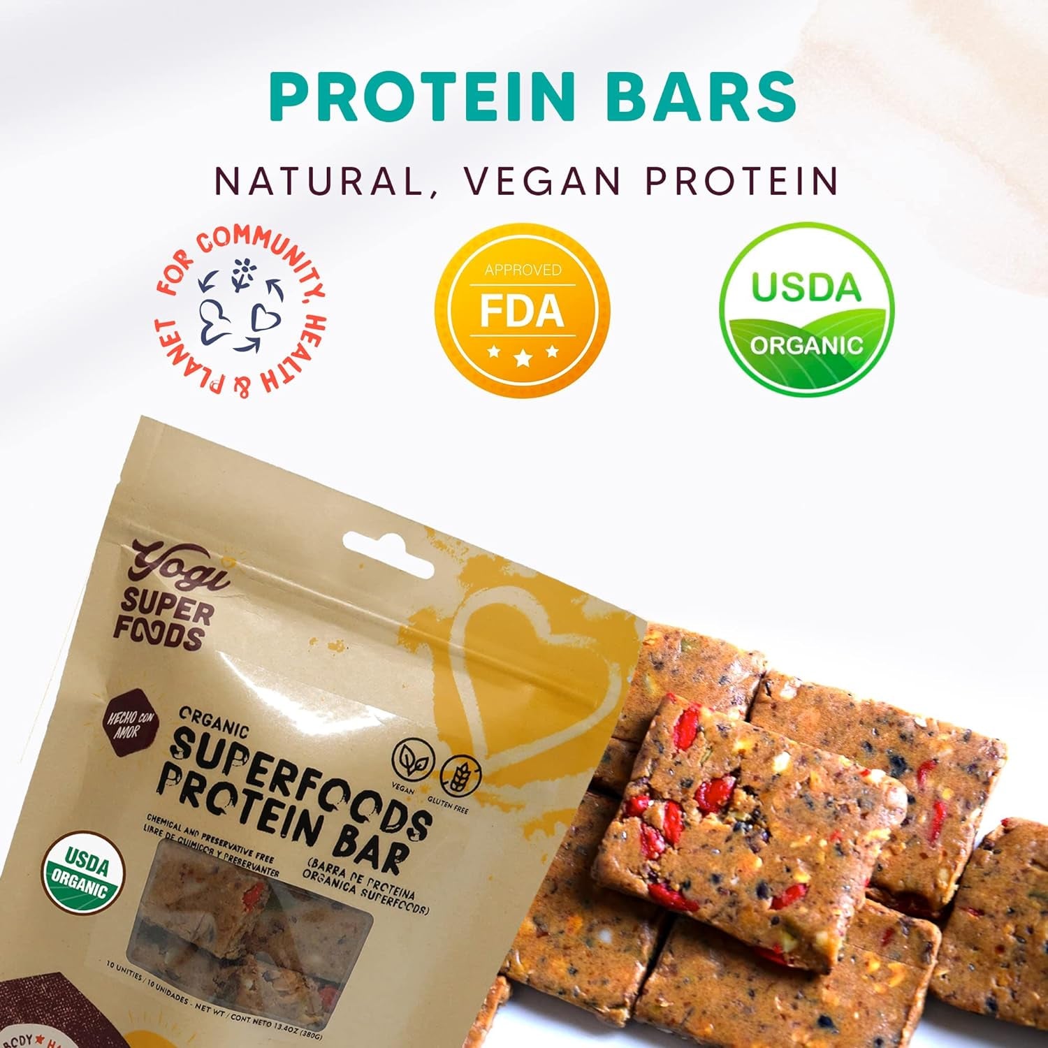 Yogi Super Foods Maca Protein Bars with Cacao for Healthy Energy - Organic, Vegan, Gluten Free, Low Glycemic Superfood Snack Food Bars with Plant Protein, Cocoa Powder & Granola - 10 Bars