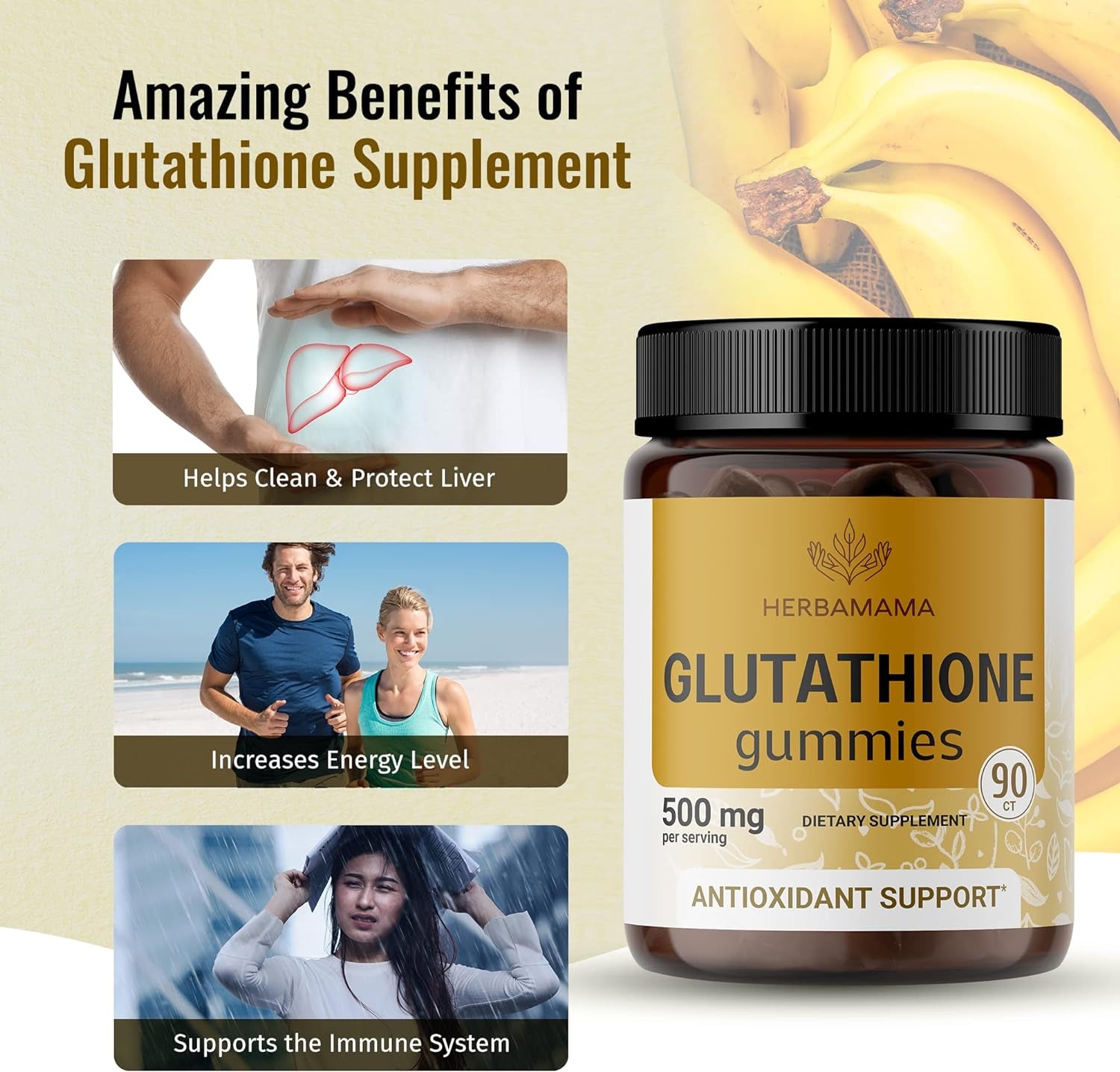 HERBAMAMA Reduced Glutathione Gummies -Antioxidant Supplement Support for Skincare & Liver Cleansing Gummy - Non-Gmo, Gluten-Free 500Mg - Banana Flavor 90 Chews per Bottle