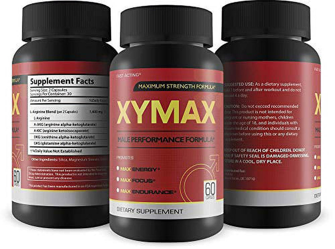 Xymax Male Performance Supplement - Maximum Strength Nitric Oxide Booster - L-Arginine Formula for Blood Flow, Strength, Size, Performance, Energy, Focus, Endurance - 60 Capsules