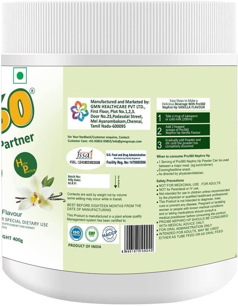 A.K. Pro360 Nephro HP - Dialysis Care Nutritional Protein Drink (Vanilla Flavour) No Added Sugar, Special Dietary Supplement for Kidney/Renal Health, 400 Gm