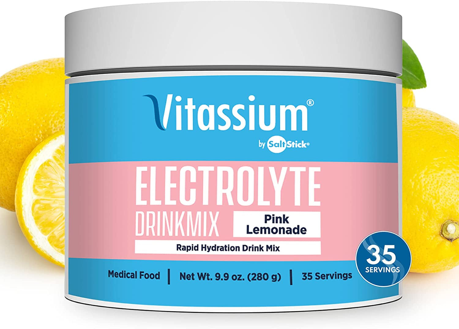 Vitassium Drinkmix - Ready-To-Mix Electrolyte Powder for POTS Syndrome Support (500Mg Sodium & 100Mg Potassium) - Vegan, Gluten & Allergen Free - Pink Lemonade - 35 Servings per Tub