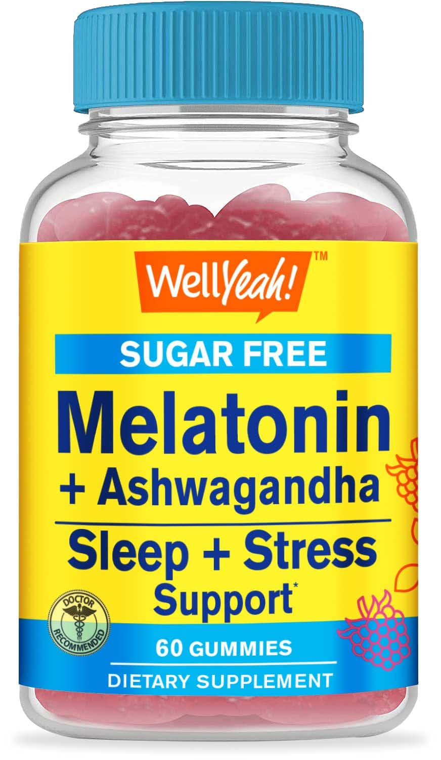 Wellyeah Melatonin (2Mg) with Ashwagandha (850Mg) Sugar Free Gummies - Sleep Aid & Stress Relief Supplement - with Chamomile, Lemon Balm, Lavender, and Valerian - Natural Blackberry Flavor - 60 Count