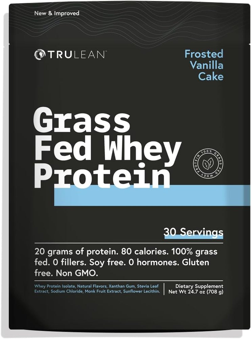 TRULEAN Grass Fed Whey Protein Powder Isolate - 20G of All Naturally Flavored Protein Powder, No Artificial Sweeteners, Gluten Free, Non GMO, Frosted Vanilla Cake 24.7Oz (1Pk, 30 Servings)