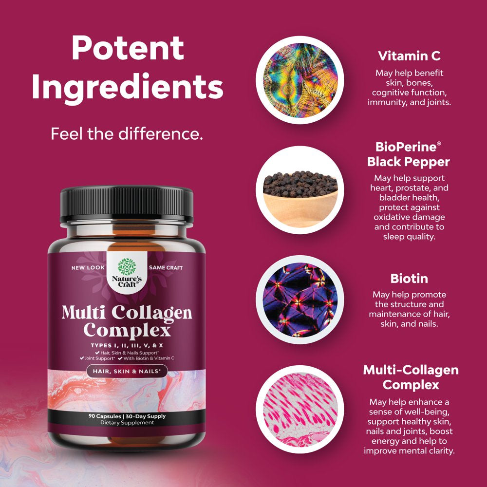 Nature'S Craft Pure Multi Collagen Complex with Biotin 5,000Mcg per Serving & Vitamin C 90Ct Capsules - Advanced Hair Skin and Nails Vitamins