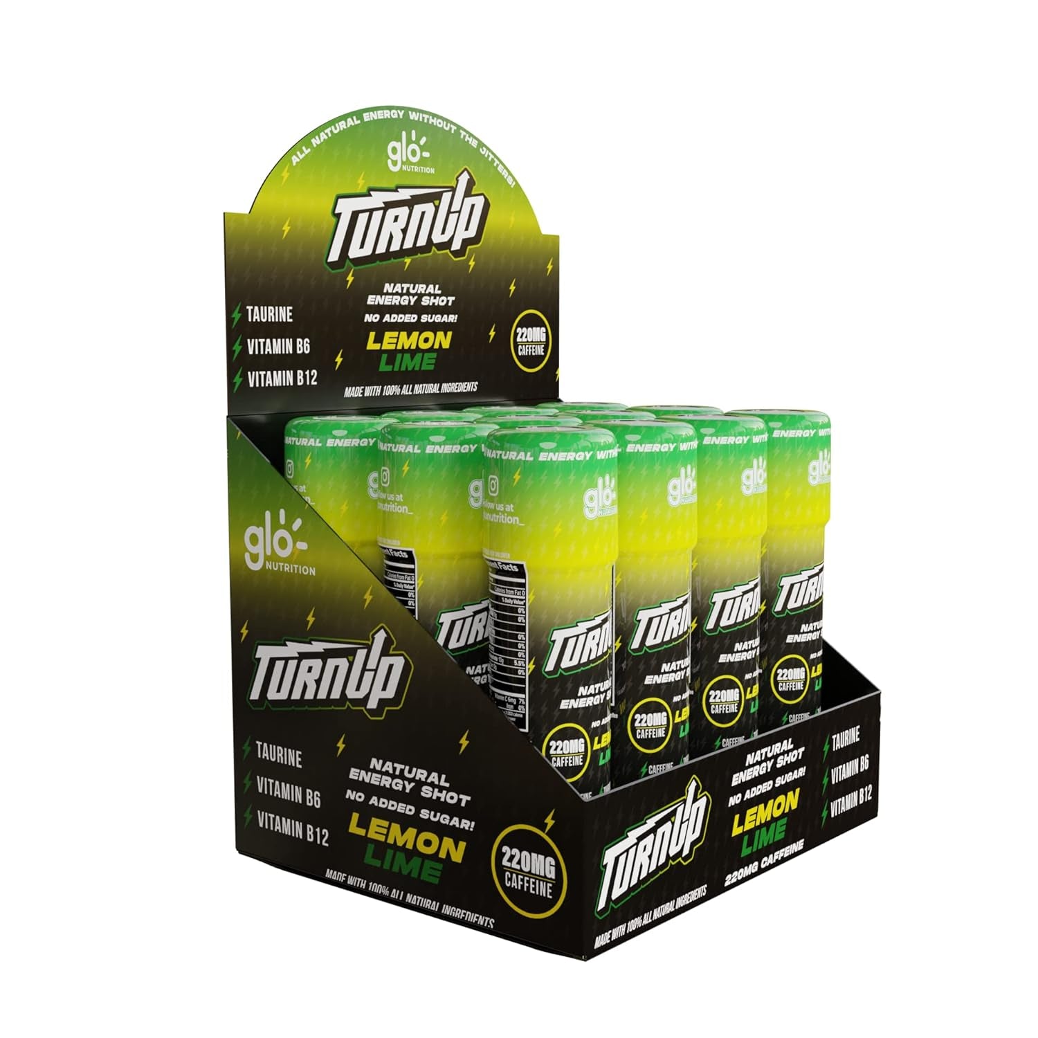 Turn up - Natural Energy Drink Shots | All Natural Energy without Jitters! | No Added Sugar - Real Fruit Juice | 220Mg Caffeine, B6, B12, Taurine | up to 7+ Hours | Lemon Lime - 2 Fl Oz - Pack of 12