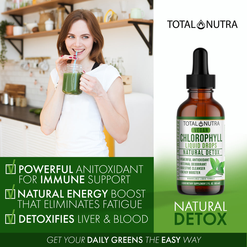 Total Nutra Mint Flavored Liquid Chlorophyll Drops – Helps to Eliminate Body Odor, Liver Detox- Immune Support - Vegan Drop from Mulberry Leaves - 2 Oz.