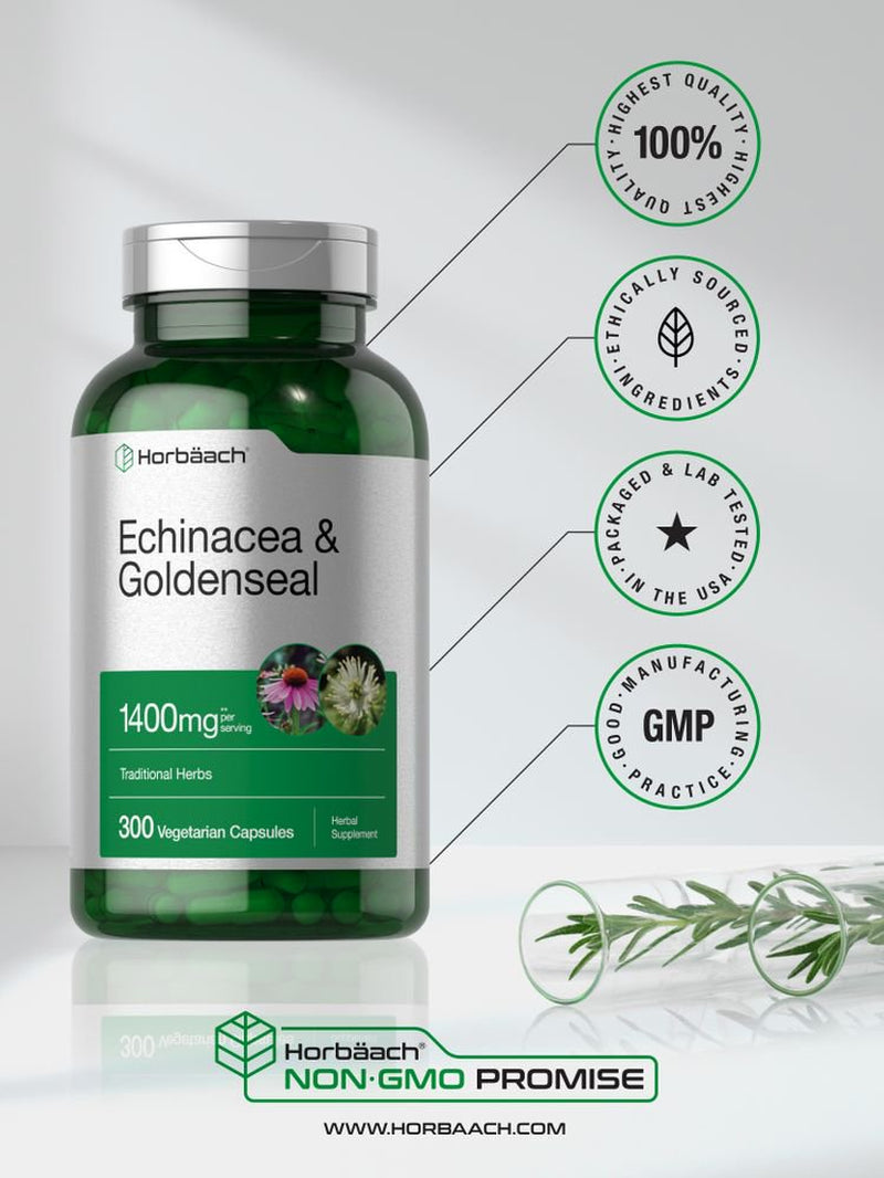 Echinacea Goldenseal Extract | 1400Mg | 300 Vegetarian Capsules | by Horbaach