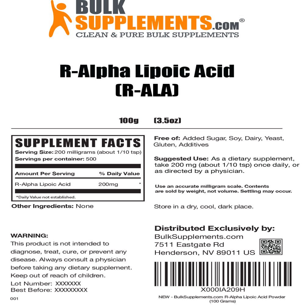 Bulksupplements.Com R-Alpha Lipoic Acid Powder, 200Mg - Nerve Support Formula (100G - 50 Servings)