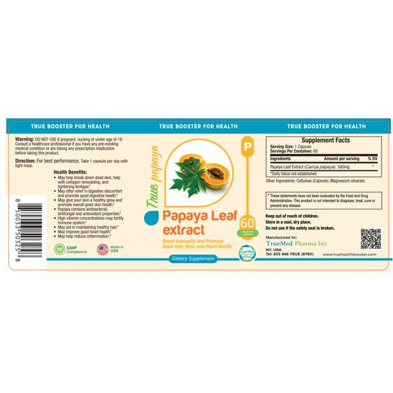 Truemed Papaya Leaf Extract Support for Blood Platelet Bone Marrow Immunity Good Hair Heart Health Herbal Supplement 500 Mg 60 Capsules