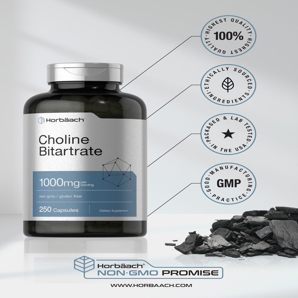 Choline Bitartrate | 1000Mg | 250 Capsules | High Potency | by Horbaach