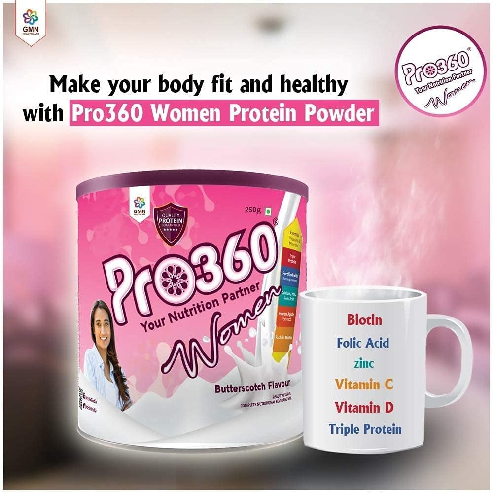 Pro360 Women Nutritional Protein Drink (Butterscotch Flavour) Complete Dietary Supplement for Women Wellness with Evening Primrose, 250 Gm