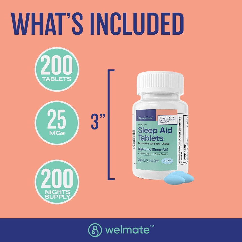 Welmate Sleep Aid - Doxylamine Succinate 25 Mg - Insomnia Support - USA Made - 200 Count Tablets