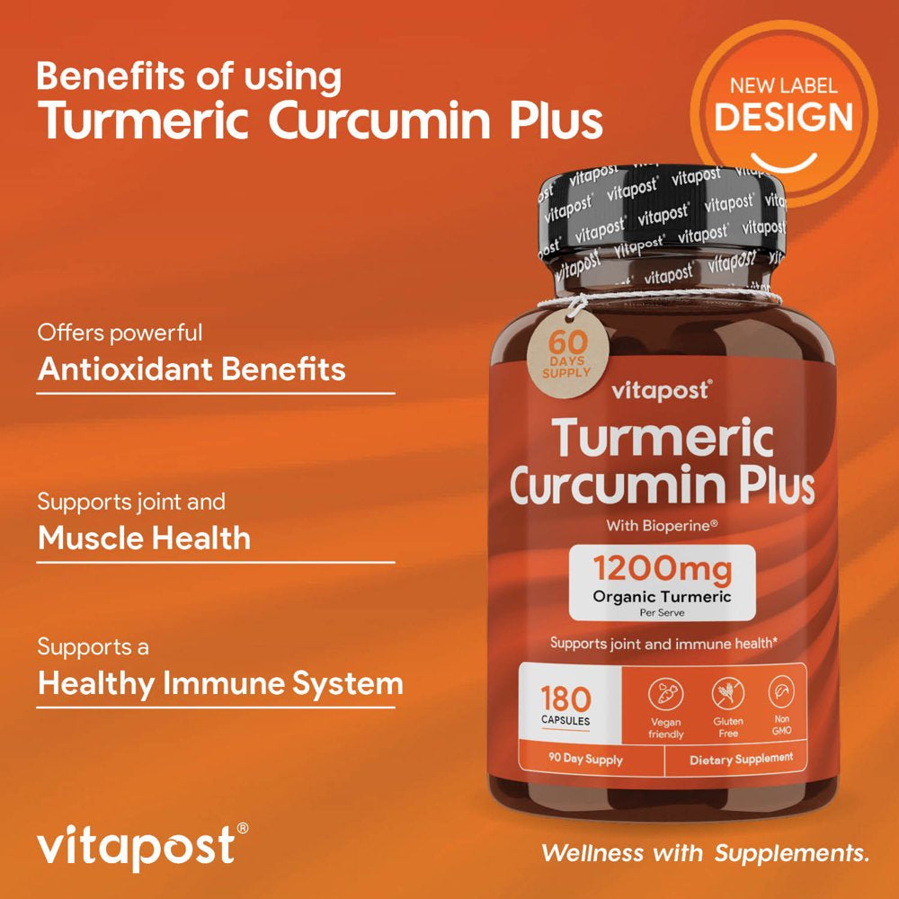 Vitapost Turmeric Curcumin plus Supplement for Joint, Muscle, Immune System Support - 180 Capsules