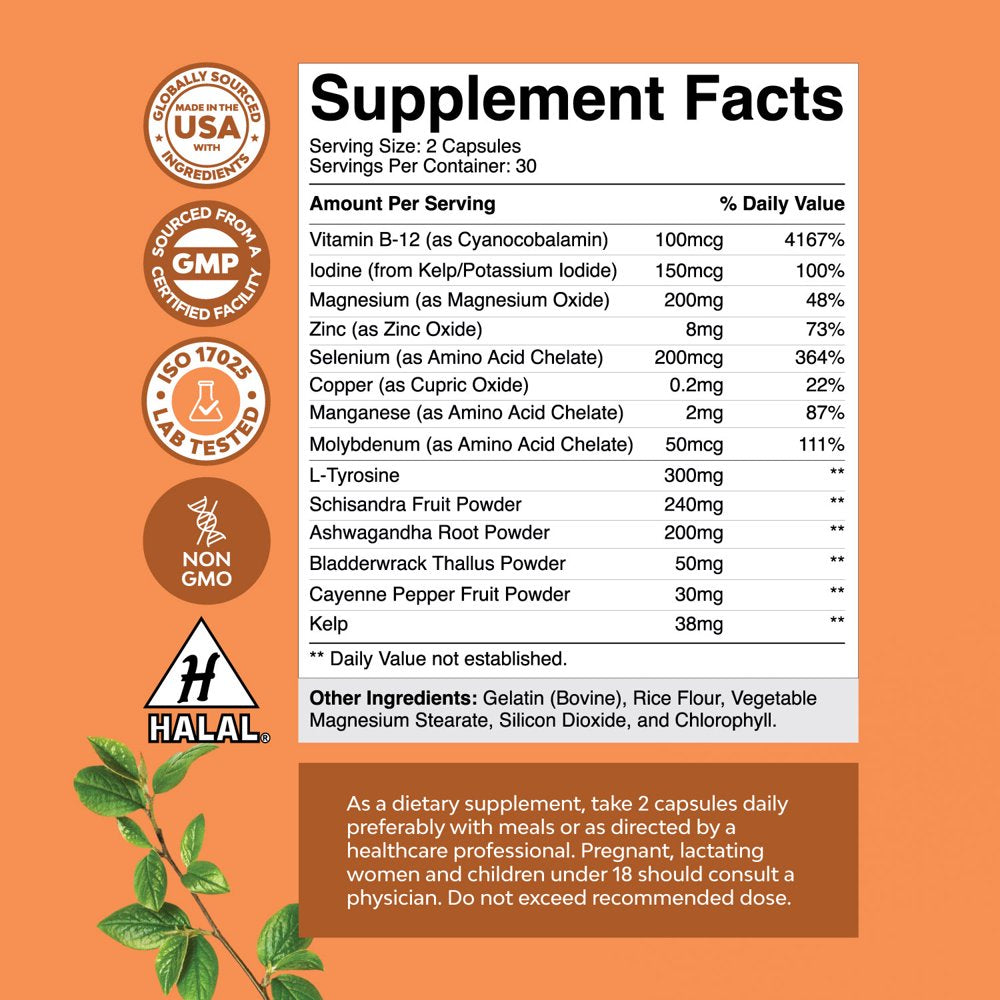 Herbal Thyroid Support Complex- Energizing Natural Thyroid Supplement with Iodine, B12, Selenium, Ashwagandha & More - Nature'S Craft 60Ct Iodine Supplement for Thyroid Health & Adrenal Support