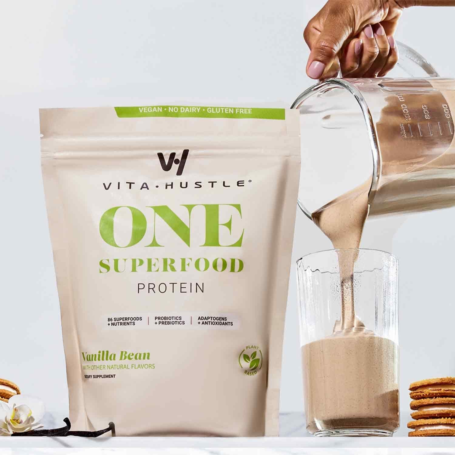 Vitahustle ONE Superfood Protein Powder & Greens Shake by Kevin Hart, 20G Vegan Protein, Meal Replacement, Probiotics, No Added Sugar (Vanilla Bean) 15 Svg