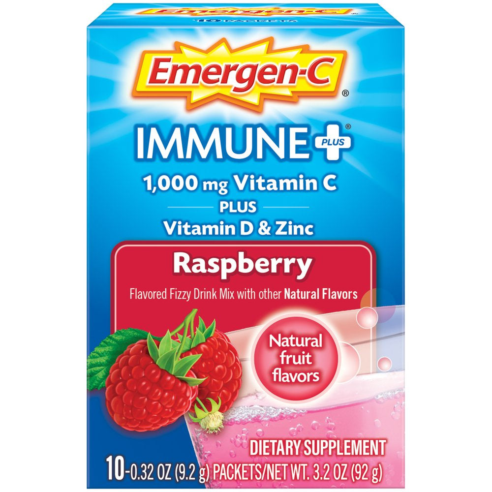 Emergen-C Immune+ 1000Mg Vitamin C Powder, with Vitamin D, Zinc, Antioxidants and Electrolytes for Immunity, Immune Support Dietary Supplement, Raspberry Flavor - 10 Count