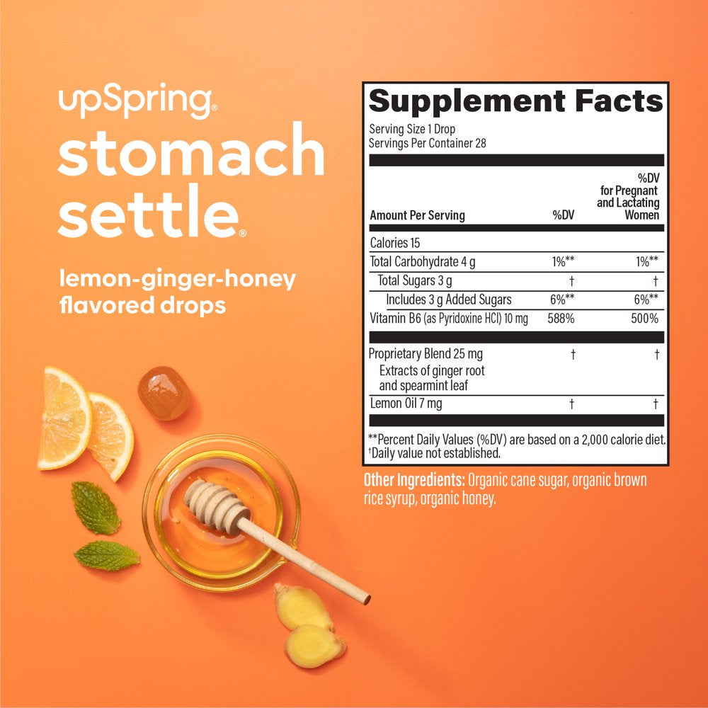 Upspring Stomach Settle Nausea Relief Drops, Lemon Ginger Honey, 28 Ct