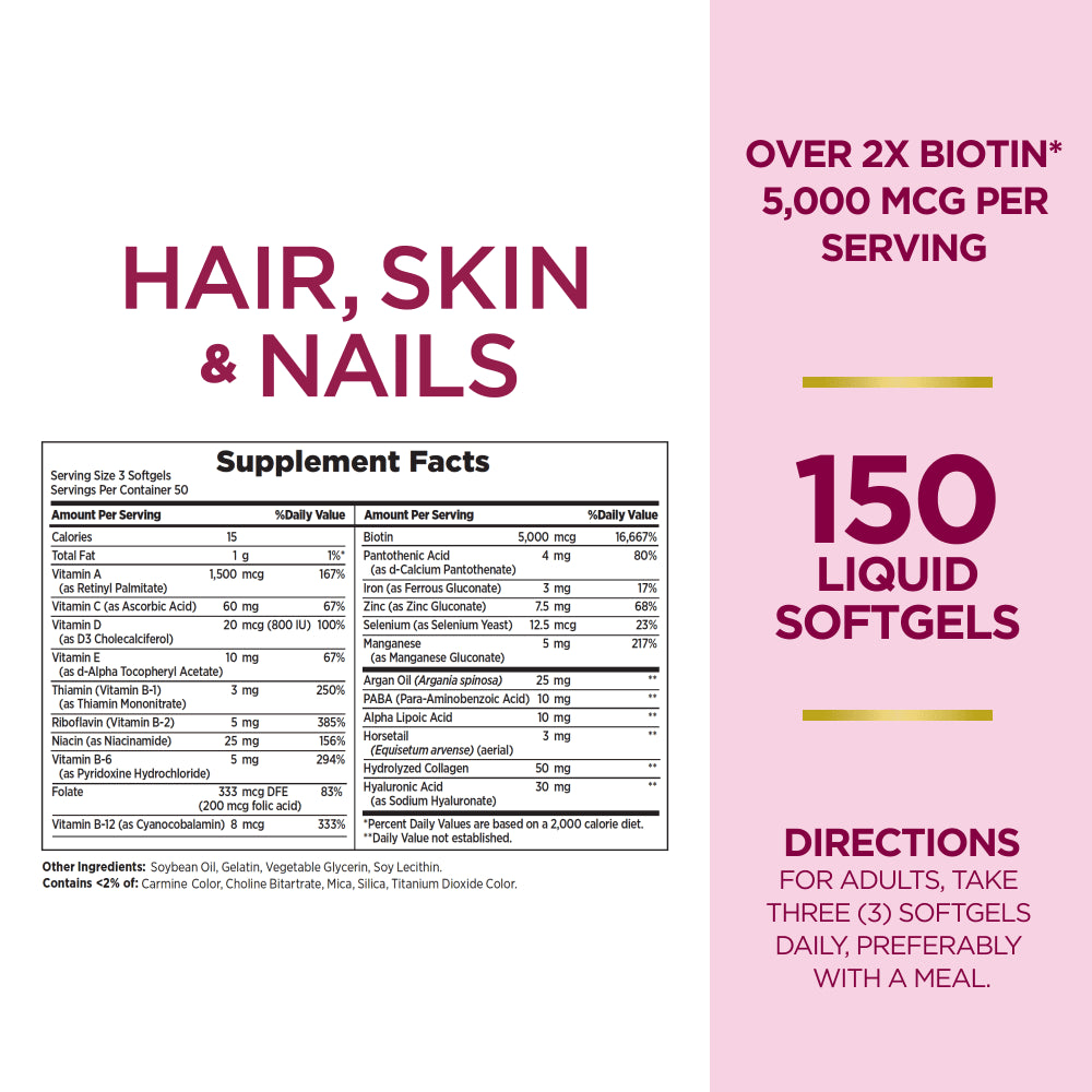 Nature'S Bounty Optimal Solutions Advanced Hair, Skin and Nail Biotin & Vitamins A, C, & E Softgels, 150 Count