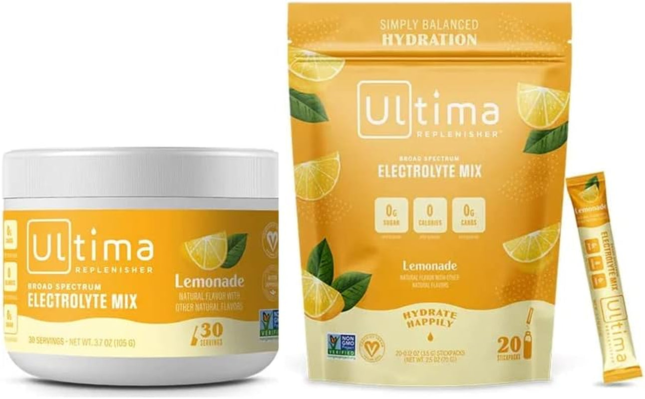 Ultima Replenisher Hydration Electrolyte Powder- Keto & Sugar Free- at Home & on the Go Convenience Bundle- Feel Replenished, Revitalized- Lemonade, 30 Serving Canister & 20 Serving Stickpack​