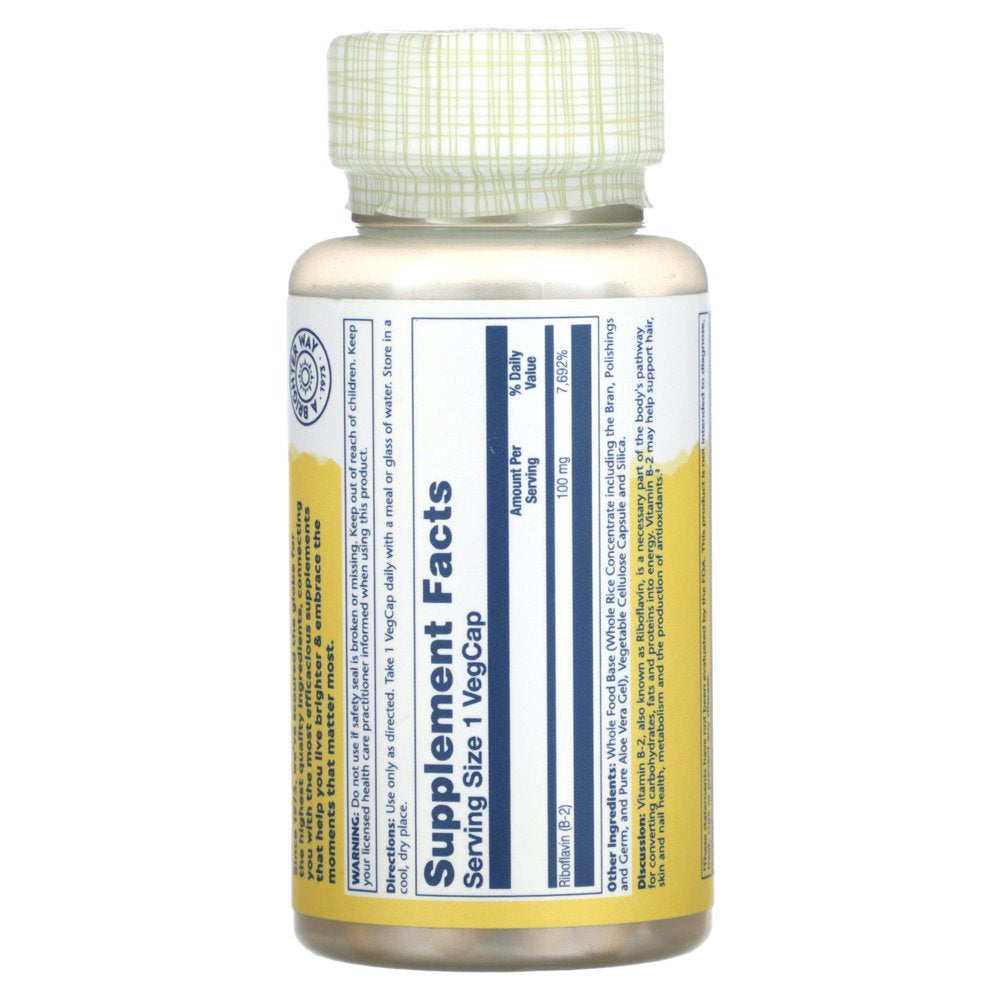 Solaray Vitamin B-2 Riboflavin 100 Mg with Aloe Vera | Healthy Energy Metabolism, Skin, Hair & Nails | 100 CT