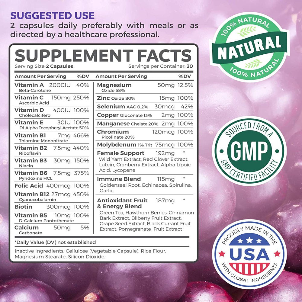 Healths Harmony Women'S Multivitamin + (NON-GMO) Daily Vitamins & Minerals plus Energy Boost, Hair, Eye Health & Antioxidants: with Biotin, Zinc, Lutein - Multi Tablet for Women - 60 Capsules