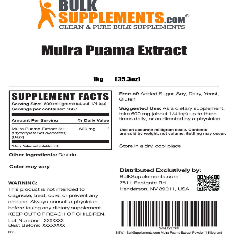 Bulksupplements.Com Muira Puama Extract - Brain Booster Energy - Supplements for Men (1 Kilogram)