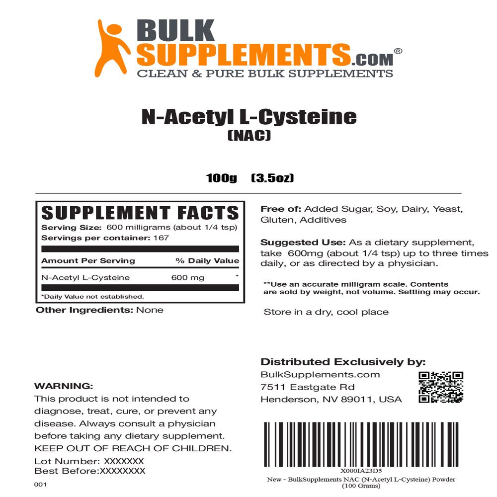 Bulksupplements.Com NAC (N-Acetyl L-Cysteine) Powder, 600Mg - Lung Support Supplement (100 Grams)