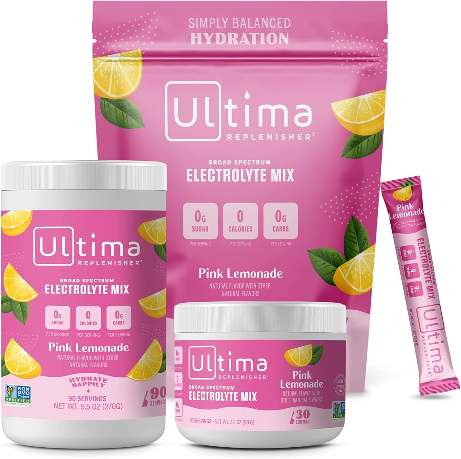 Ultima Replenisher Hydration Electrolyte Powder- Keto & Sugar Free- at Home & on the Go Convenience Bundle- Feel Replenished, Revitalized- Pink Lemonade, 90 Serving Canister & 20 Serving Stickpack​