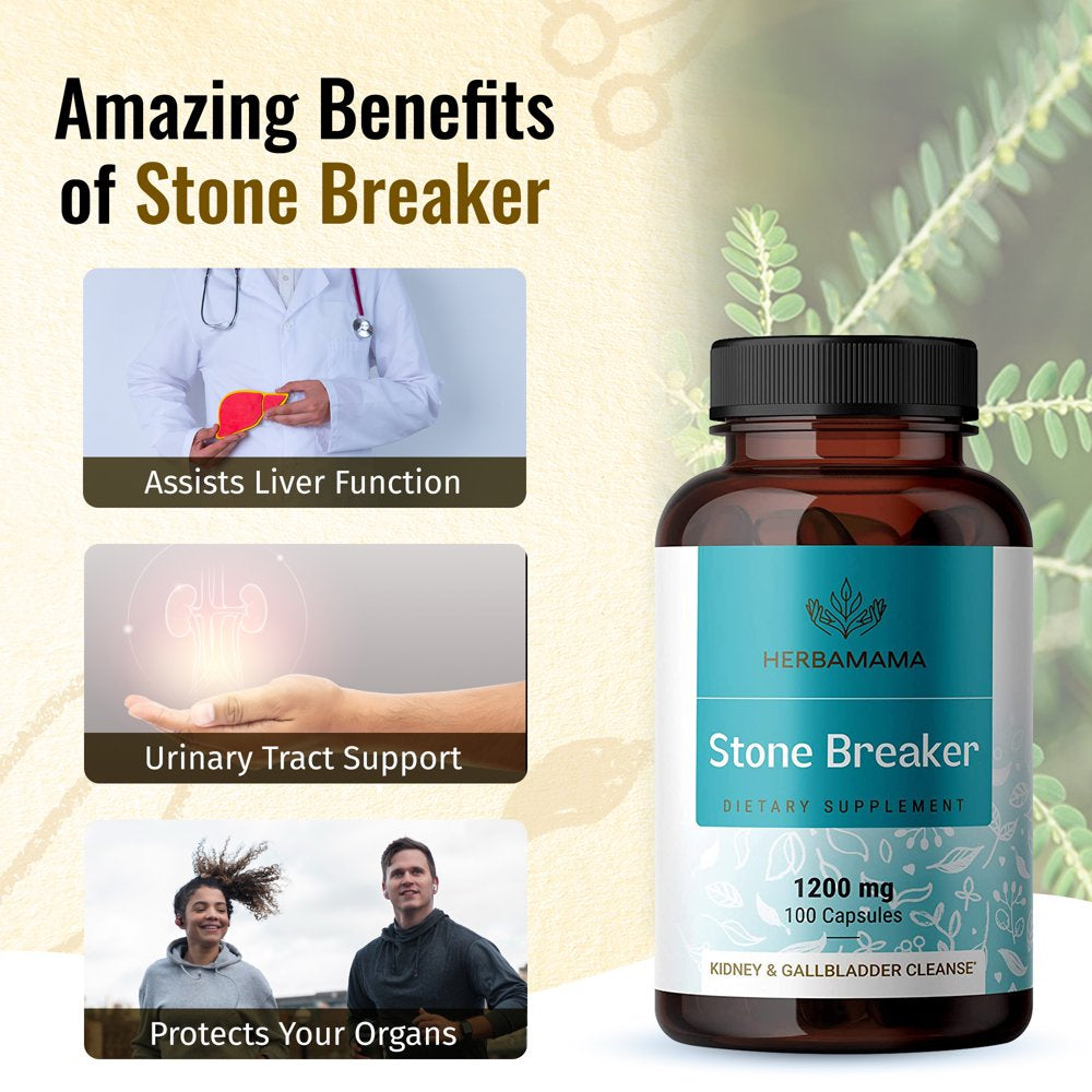 HERBAMAMA Stone Breaker 100 Capsules - Organic Chanca Piedra Kidney & Liver Support, Urinary Cleanse