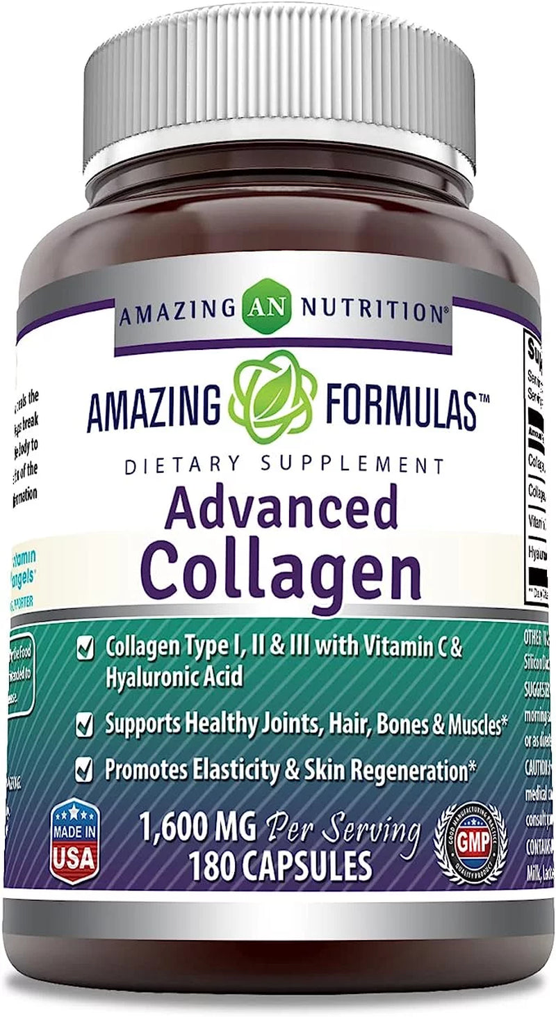 Amazing Formulas Advanced Collagen 1600Mg per Serving Supplement | Collagen Type I, II & III with Vitamin C & Hyaluronic Acid | 180 Veggie Capsules | Non-Gmo | Gluten Free | Made in USA