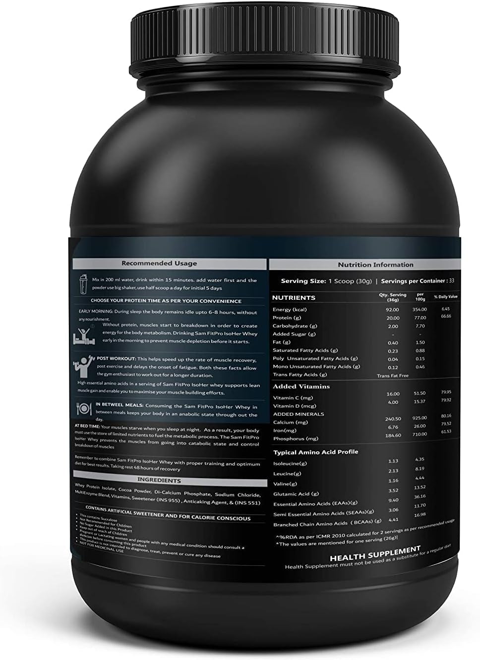 CROW Samfit Pro Isoher Whey Protein Isolate | Chocolate | 1 Kilogram | 28 Gram Protein per Scoop - Lean Muscles for Women