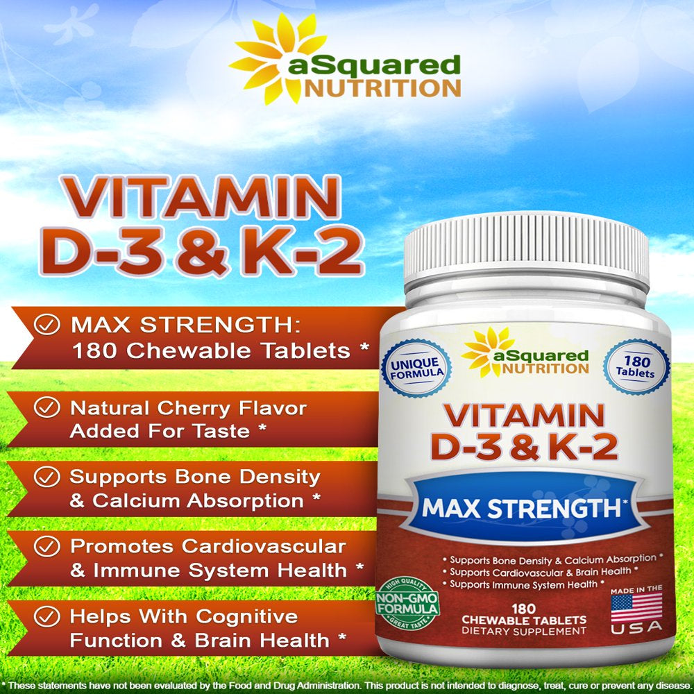 Vitamin D3 with K2 Supplement - 180 Chewable Tablets, Max Strength D-3 Cholecalciferol & K-2 MK7 to Support Healthy Bones, Teeth, Heart - Antioxidant D 3 & K 2 MK-7 Energy Formula for Men and Women