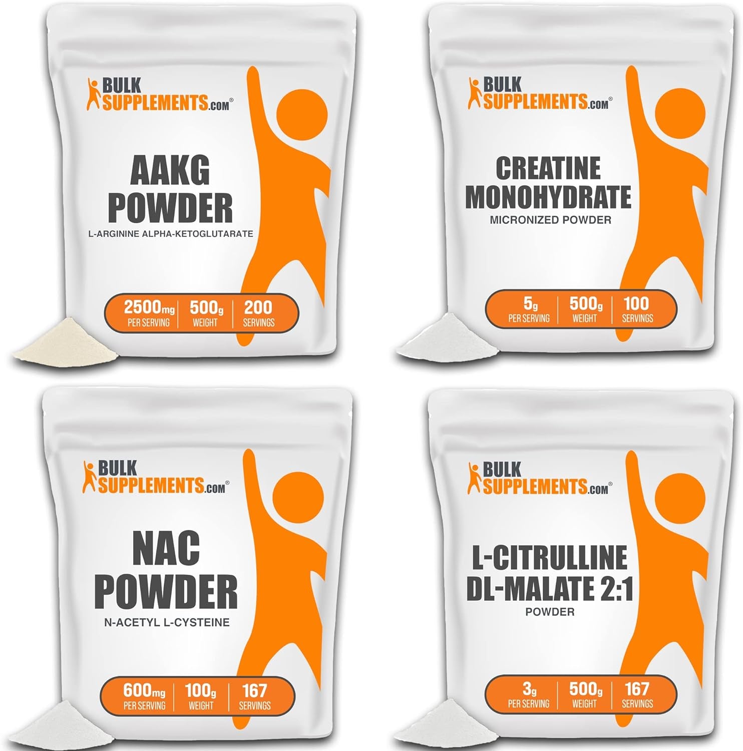 BULKSUPPLEMENTS.COM AAKG Powder (Arginine Alpha-Ketoglutarate) 500G, with Creatine Monohydrate Powder 500G, & NAC Powder (N-Acetyl L-Cysteine) 100G, & L-Citrulline Malate 2:1 Powder 500G Bundle