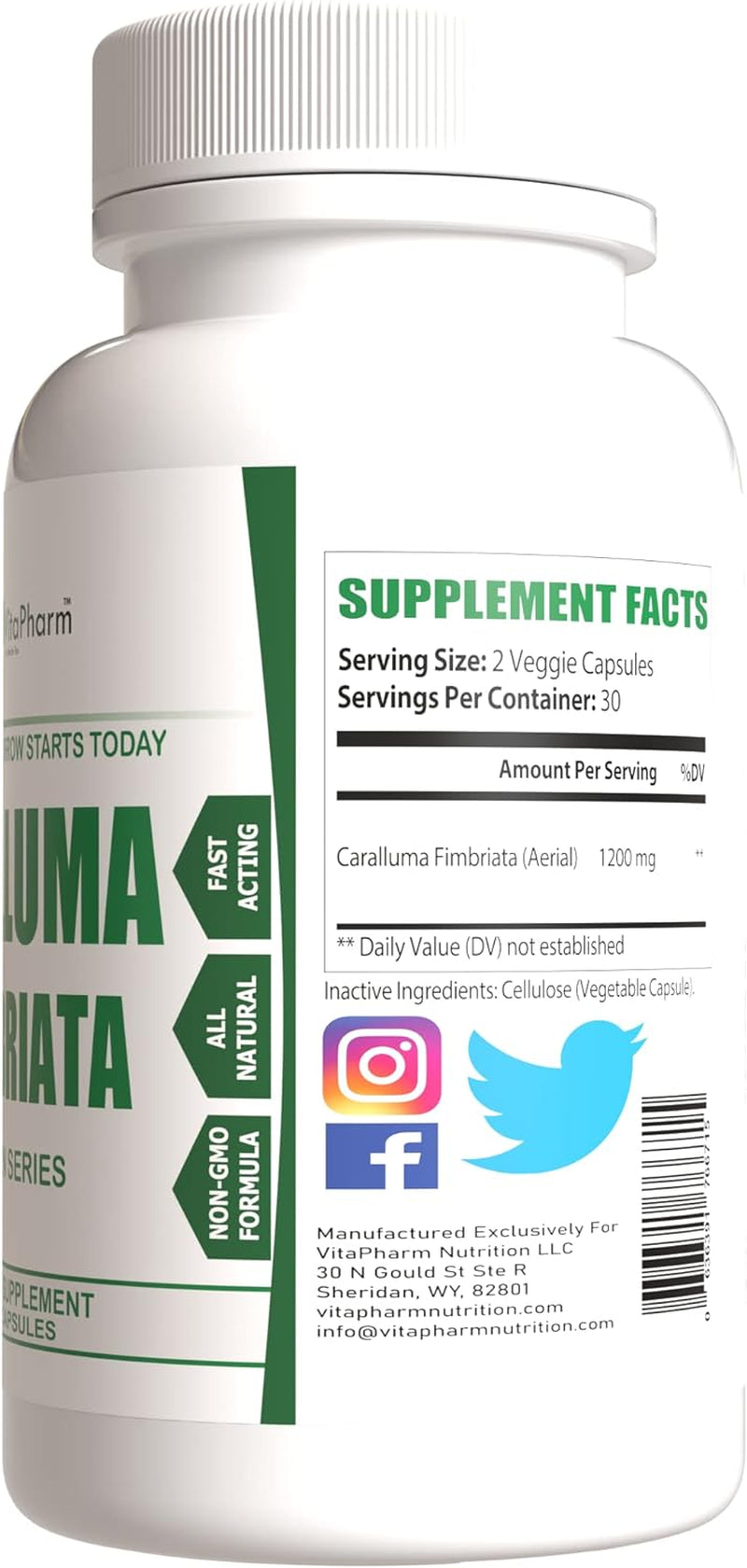 Vitapharm Nutrition Caralluma Fimbriata | Fast Acting Concentrated 1200Mg | Non-Gmo Vegan Friendly Herbal Extract | Natural Endurance Support | USA Made Supplement for Men & Women | 60 Capsules