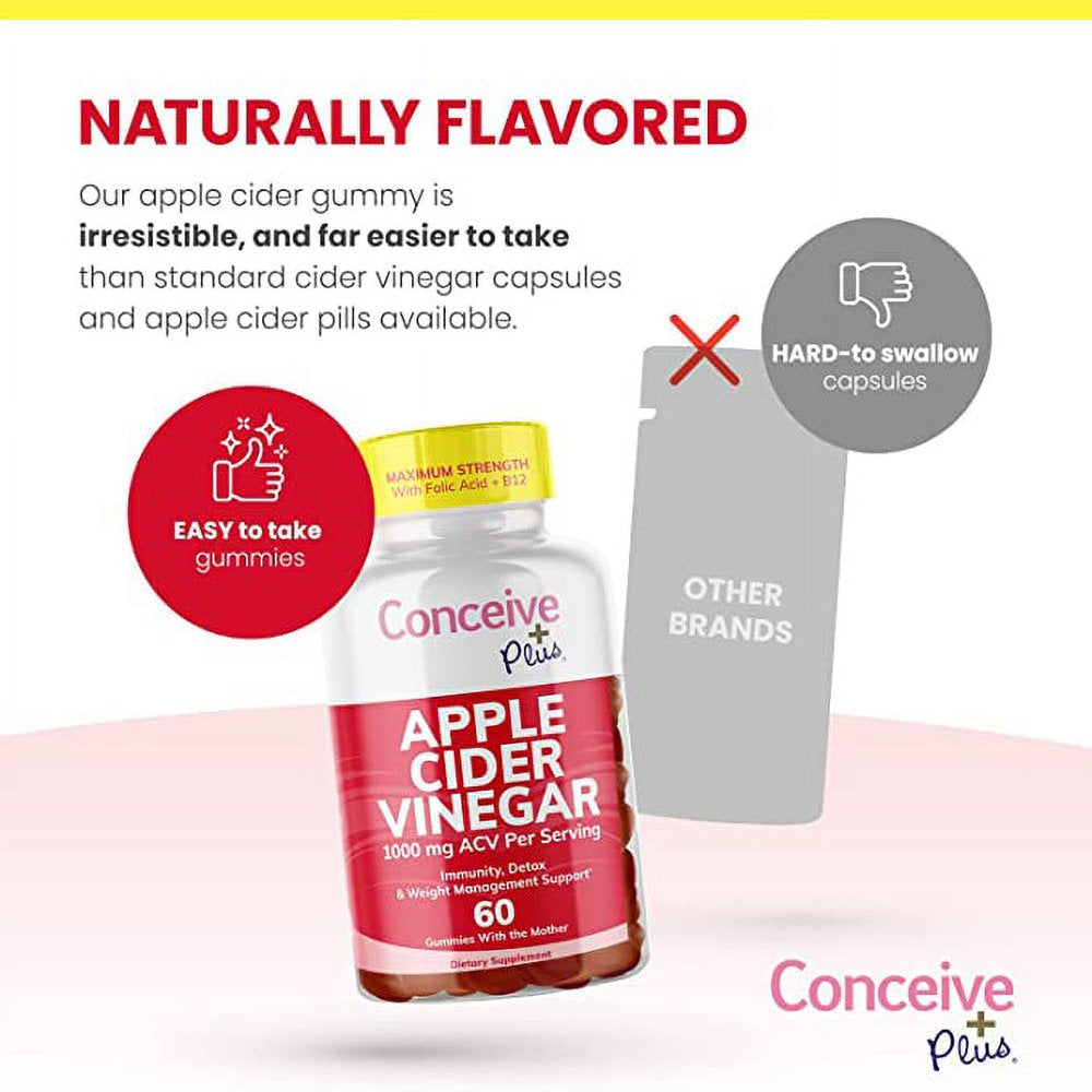 CONCEIVE plus Apple Cider Vinegar Gummies - Potent ACV Gummies with the Mother - Delicious Apple Vinegar Gummy for Immunity, Digestive Health, Energy Boost - Vegan, Non-Gmo, Gluten-Free - 60 Count