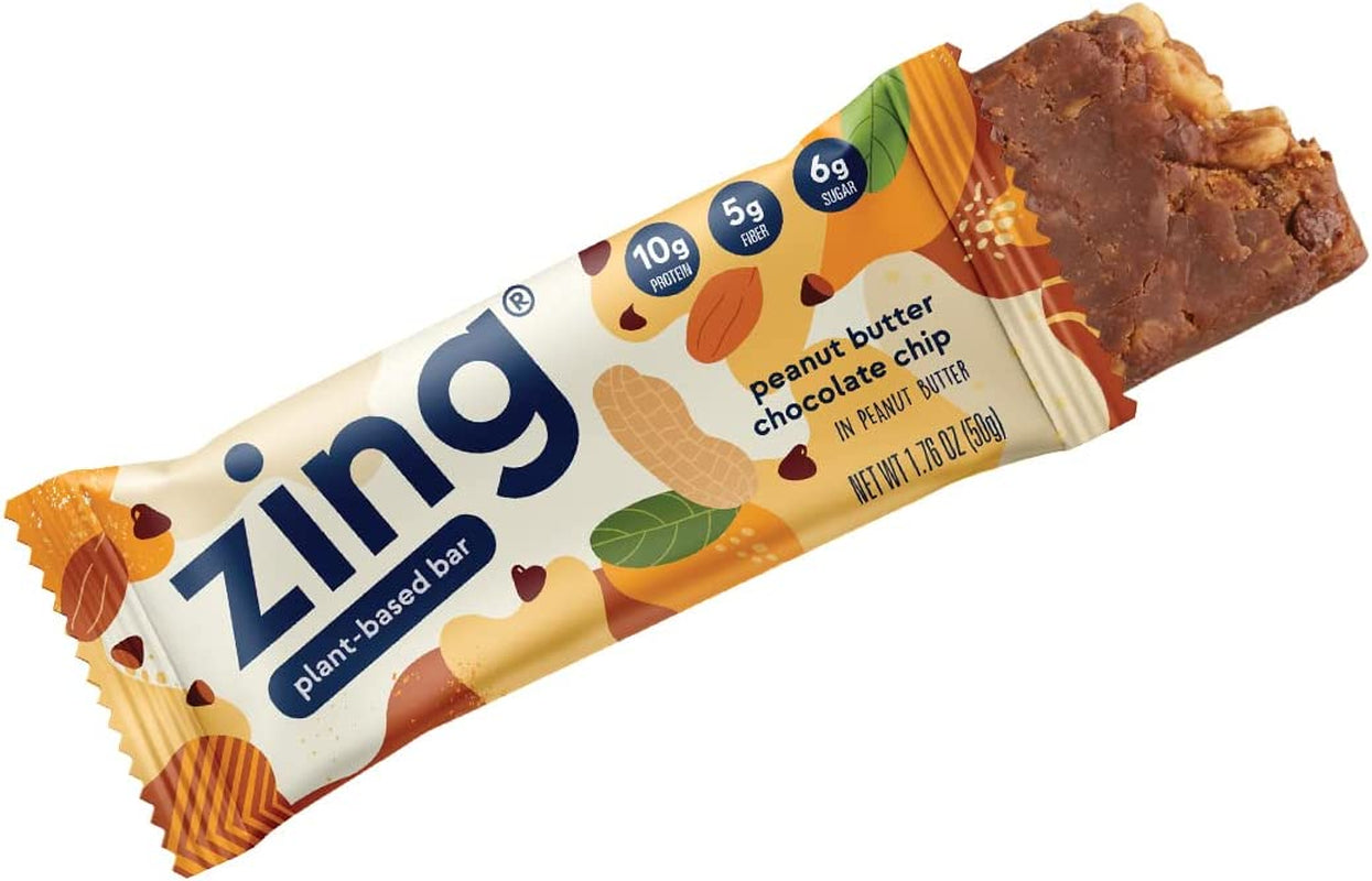 Zing Bars Plant Based Protein Bar, Peanut Butter Chocolate Chip Nutrition Bar, 10G Protein, 5G Fiber, Vegan, Gluten Free, Soy Free, Non GMO, 12 Count