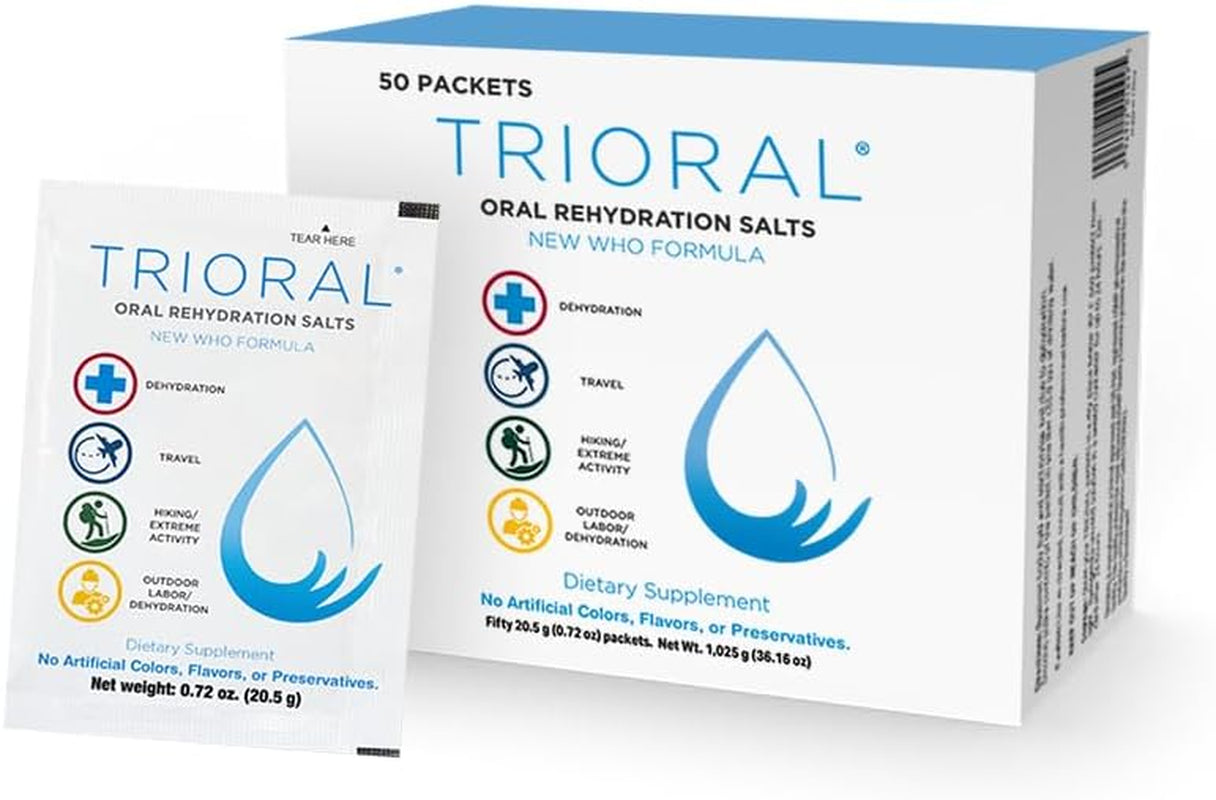 TRIORAL Rehydration Electrolyte Powder - WHO Hydration Supplement Salts Formula - Combat Dehydration from Workouts, Excessive Fluid Loss and Much More - 50 Drink Mix Packets